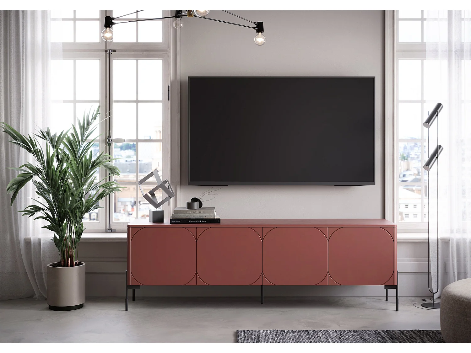 Meuble TV 4 portes avec pieds en métal bordeaux 204x65 cm