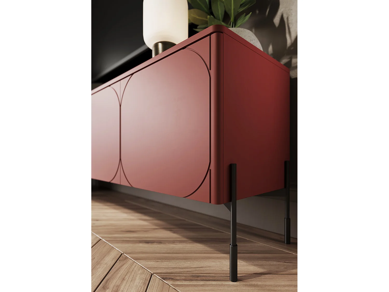 Meuble TV 3 portes pieds en métal bordeaux 154x65 cm