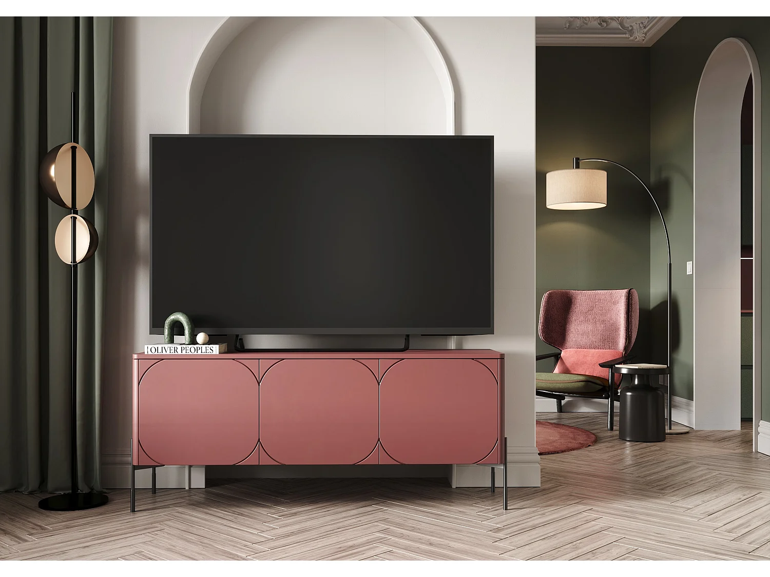 Meuble TV 3 portes pieds en métal bordeaux 154x65 cm