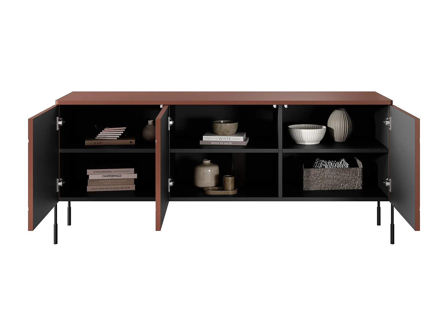 Meuble TV 3 portes pieds en métal bordeaux 154x65 cm