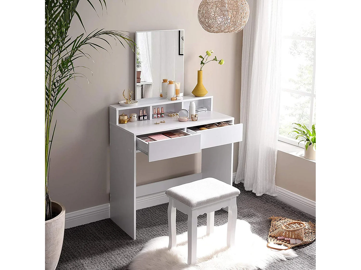 VASAGLE Schminktisch mit großem rechteckigen Spiegel, Schminktisch mit 2 Schubladen und 3 offenen Fächern, Schminktisch, Modern Style, Weiß RDT113W01