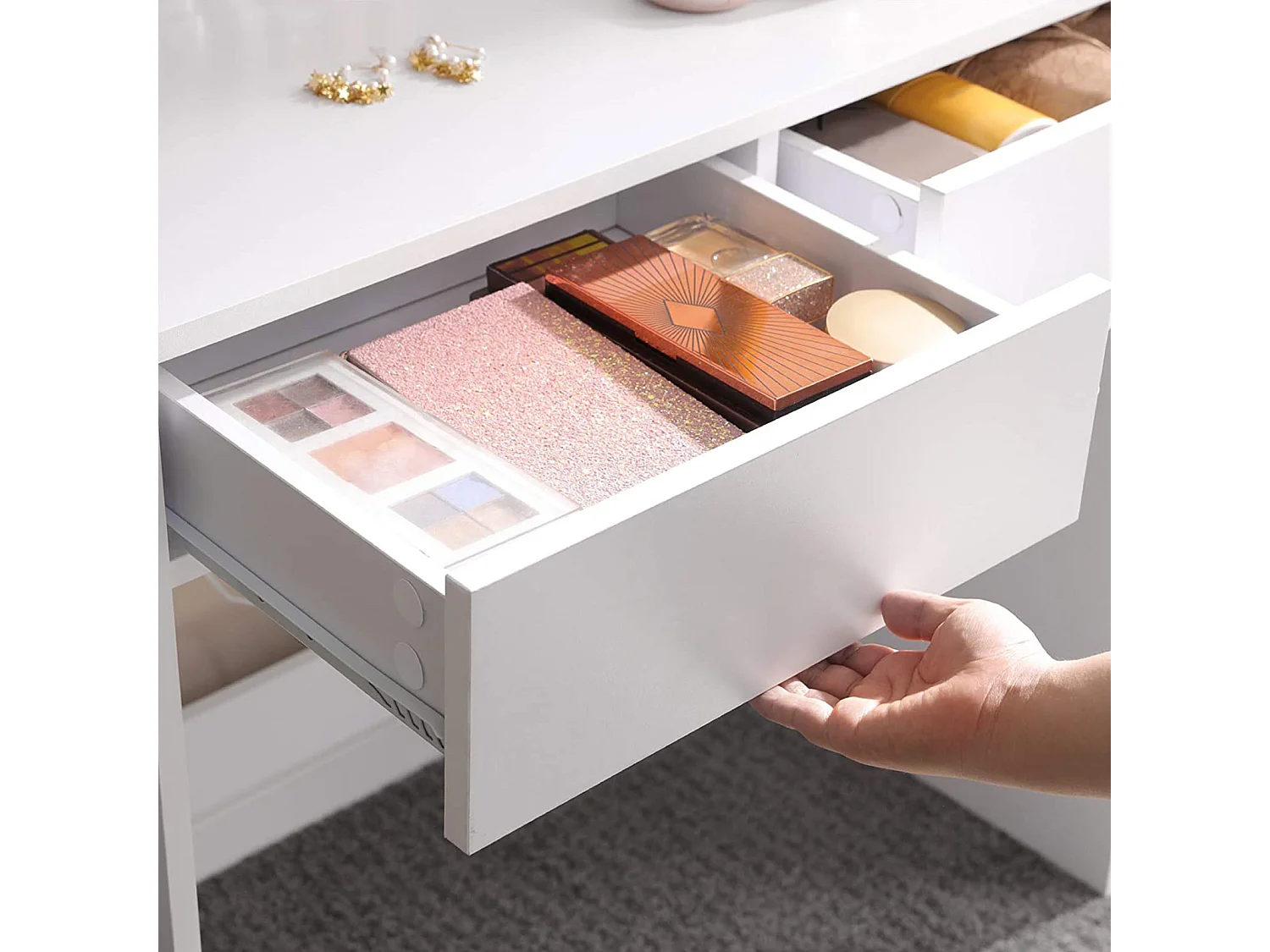 VASAGLE Schminktisch mit großem rechteckigen Spiegel, Schminktisch mit 2 Schubladen und 3 offenen Fächern, Schminktisch, Modern Style, Weiß RDT113W01