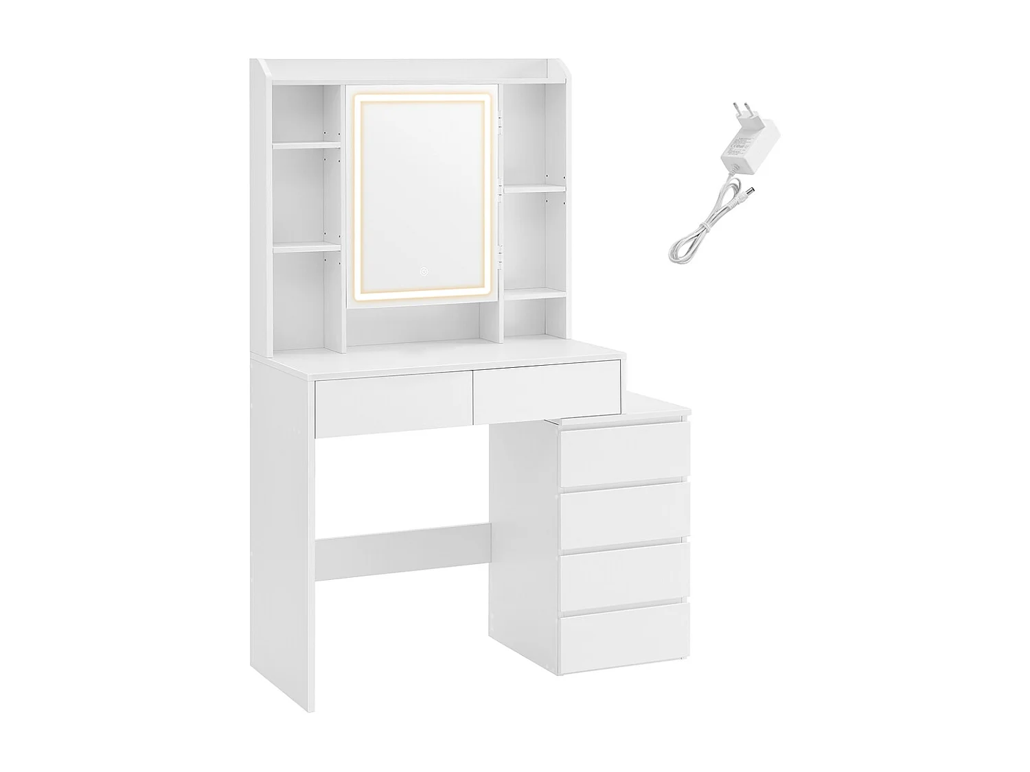 VASAGLE LED-belysning Sminkbord med justerbar ljusstyrka Sminkbord med spegel Kosmetikbord med lådor Öppna fack Justerbara hyllor Modern molnvit RDT124W01