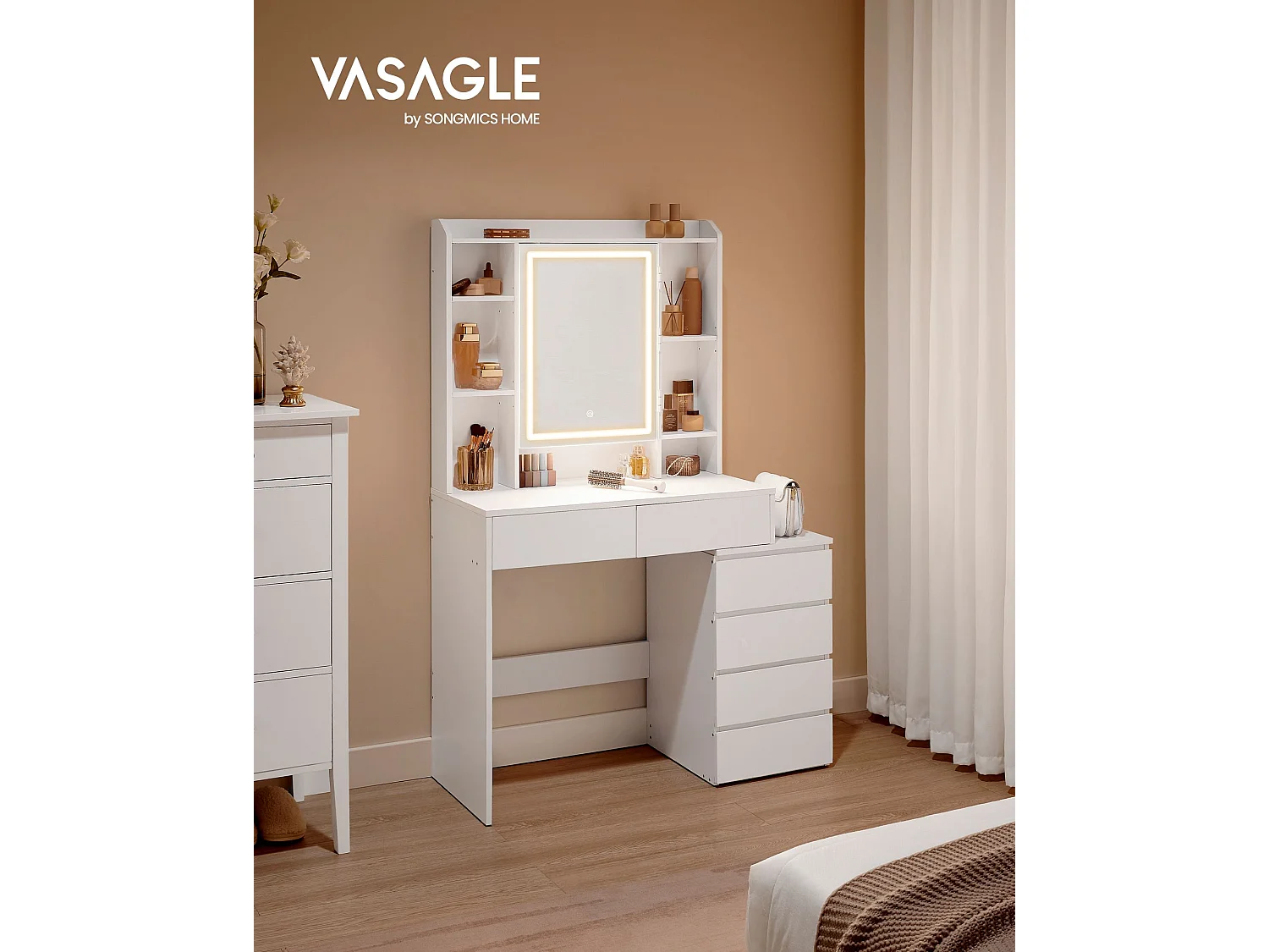 VASAGLE LED-belysning Sminkbord med justerbar ljusstyrka Sminkbord med spegel Kosmetikbord med lådor Öppna fack Justerbara hyllor Modern molnvit RDT124W01