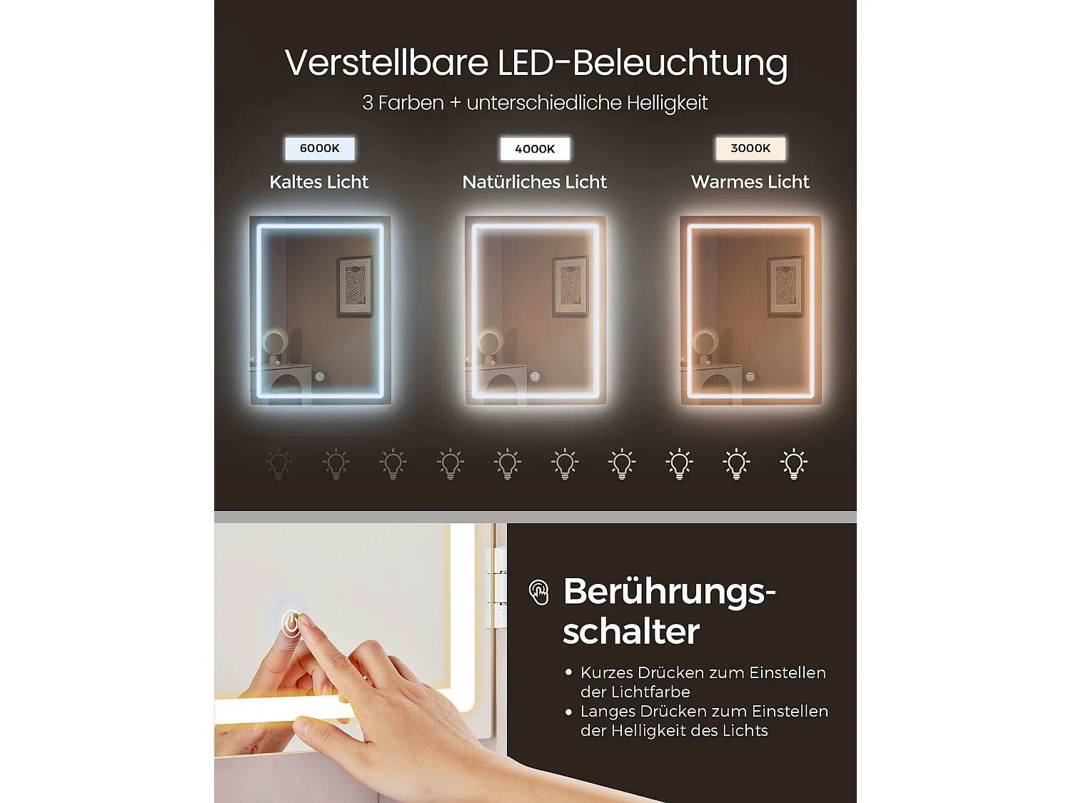 VASAGLE LED-belysning Sminkbord med justerbar ljusstyrka Sminkbord med spegel Kosmetikbord med lådor Öppna fack Justerbara hyllor Modern molnvit RDT124W01