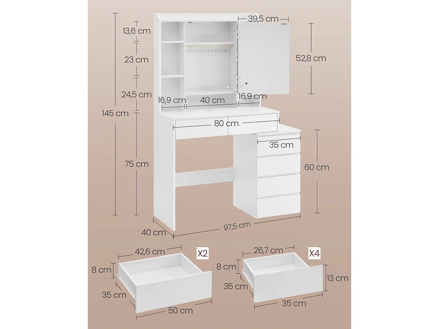 VASAGLE LED-belysning Sminkbord med justerbar ljusstyrka Sminkbord med spegel Kosmetikbord med lådor Öppna fack Justerbara hyllor Modern molnvit RDT124W01