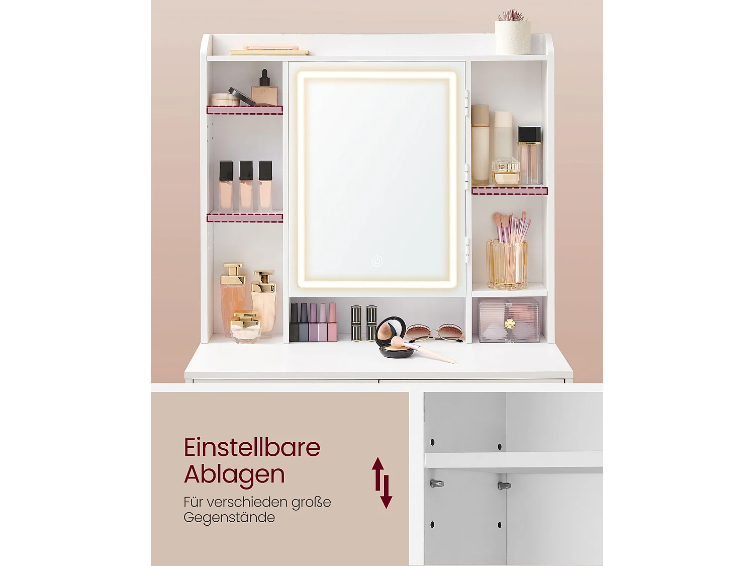 VASAGLE LED-belysning Sminkbord med justerbar ljusstyrka Sminkbord med spegel Kosmetikbord med lådor Öppna fack Justerbara hyllor Modern molnvit RDT124W01