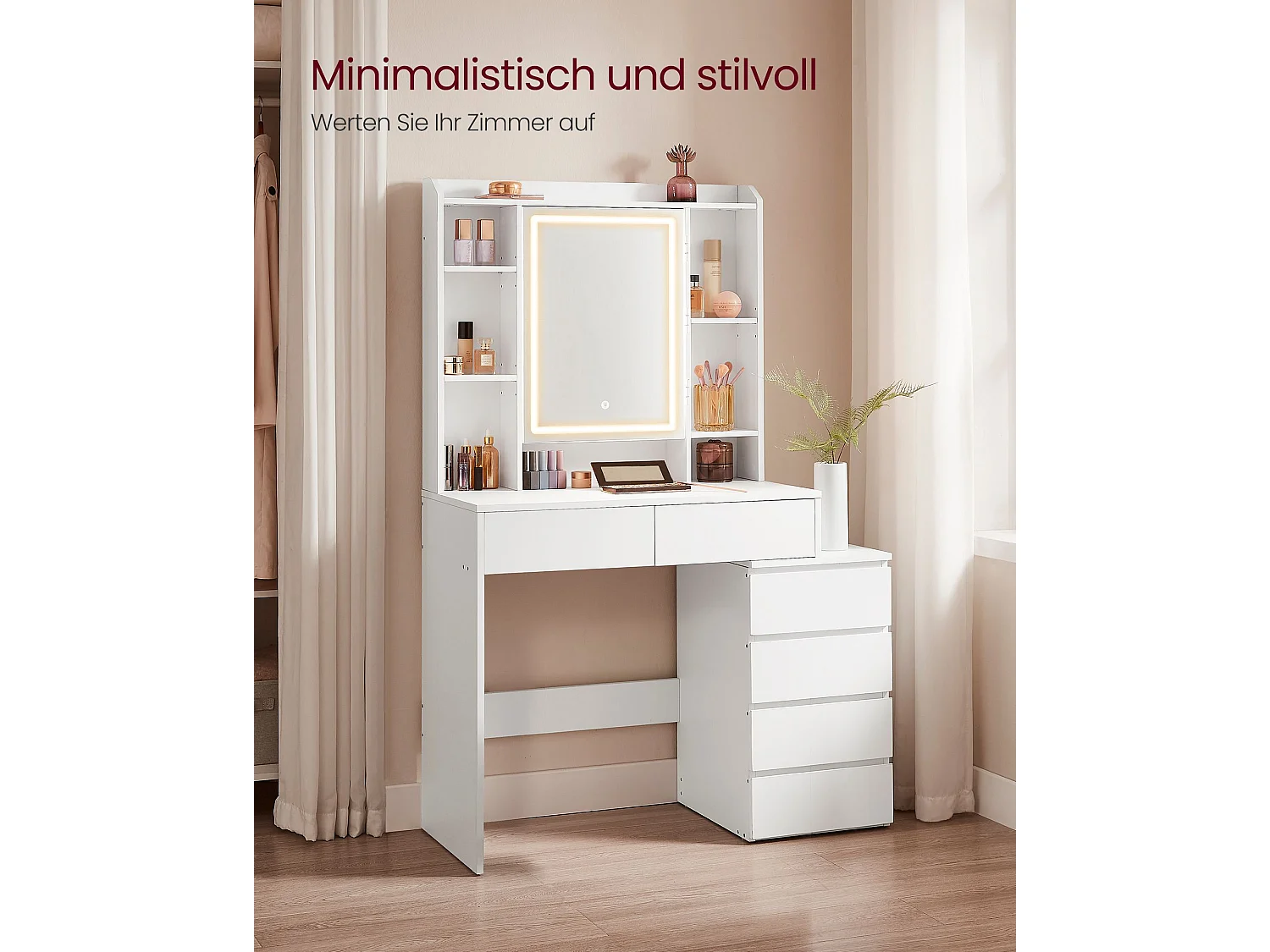 VASAGLE LED-belysning Sminkbord med justerbar ljusstyrka Sminkbord med spegel Kosmetikbord med lådor Öppna fack Justerbara hyllor Modern molnvit RDT124W01