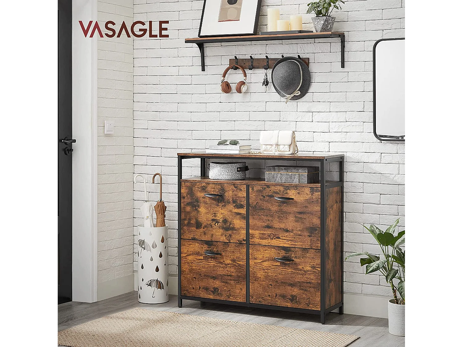 VASAGLE LBS803B01 Skoskåp med 4 klaffar Skoställ Skotrappa Skokista i hallen för 12-20 par skor, 98,3 x 30 x 95 cm, Vintage Brown/Black