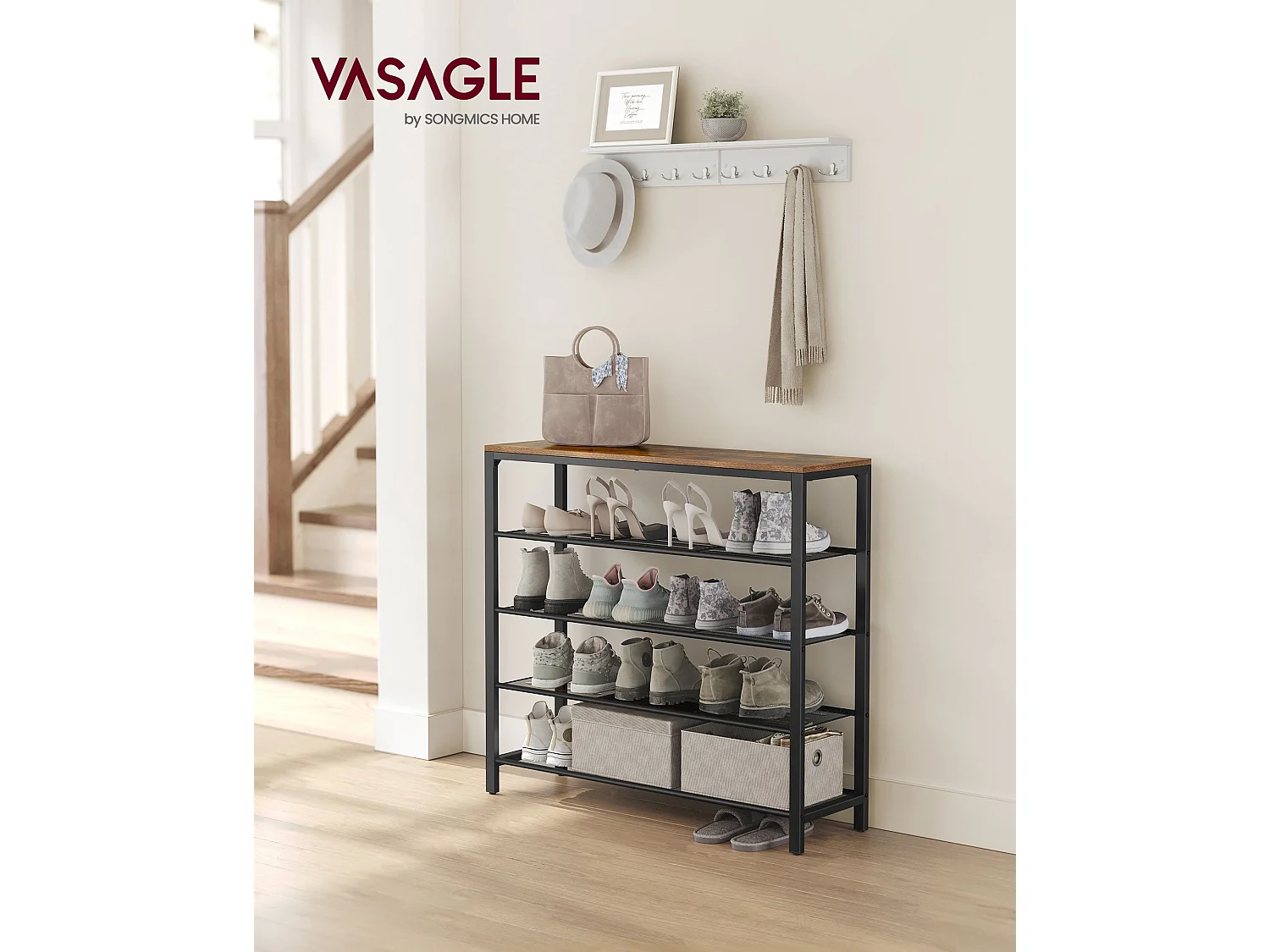 VASAGLE Schuhregal, Schuhaufbewahrungsorganisator mit 4 Mesh-Fächern und großer Fläche für Taschen, Schuhregal für Eingang, Flur, Schrank, Stahlrahmen,