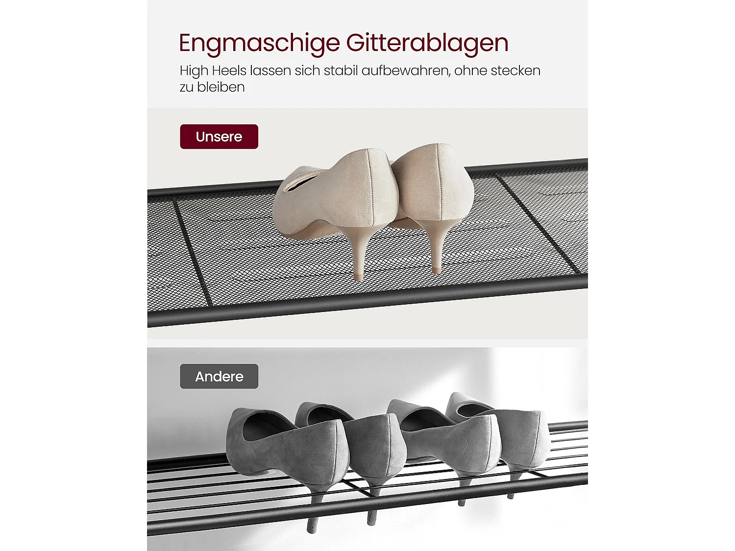 VASAGLE Schuhregal, Schuhaufbewahrungsorganisator mit 4 Mesh-Fächern und großer Fläche für Taschen, Schuhregal für Eingang, Flur, Schrank, Stahlrahmen,