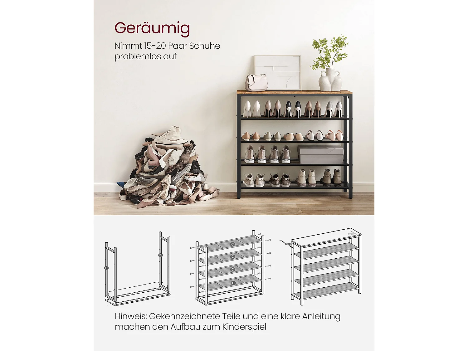 VASAGLE Schuhregal, Schuhaufbewahrungsorganisator mit 4 Mesh-Fächern und großer Fläche für Taschen, Schuhregal für Eingang, Flur, Schrank, Stahlrahmen,