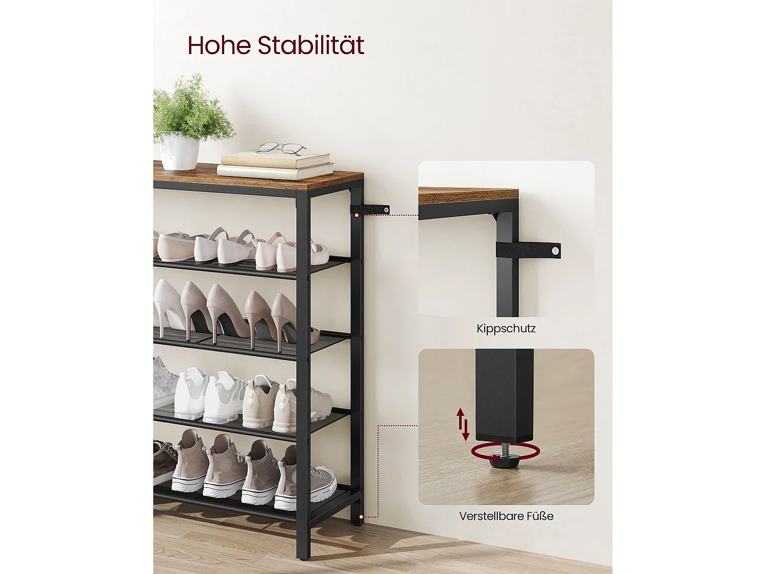 VASAGLE Schuhregal, Schuhaufbewahrungsorganisator mit 4 Mesh-Fächern und großer Fläche für Taschen, Schuhregal für Eingang, Flur, Schrank, Stahlrahmen,