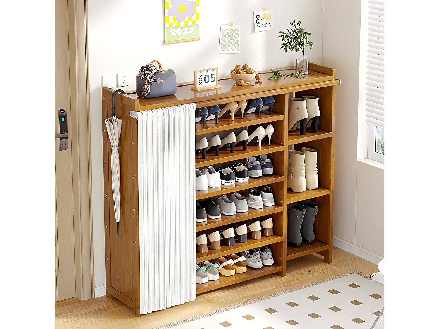 7-Tier Natural Bamboo Shoe Rack with Dust Cover - 97cm