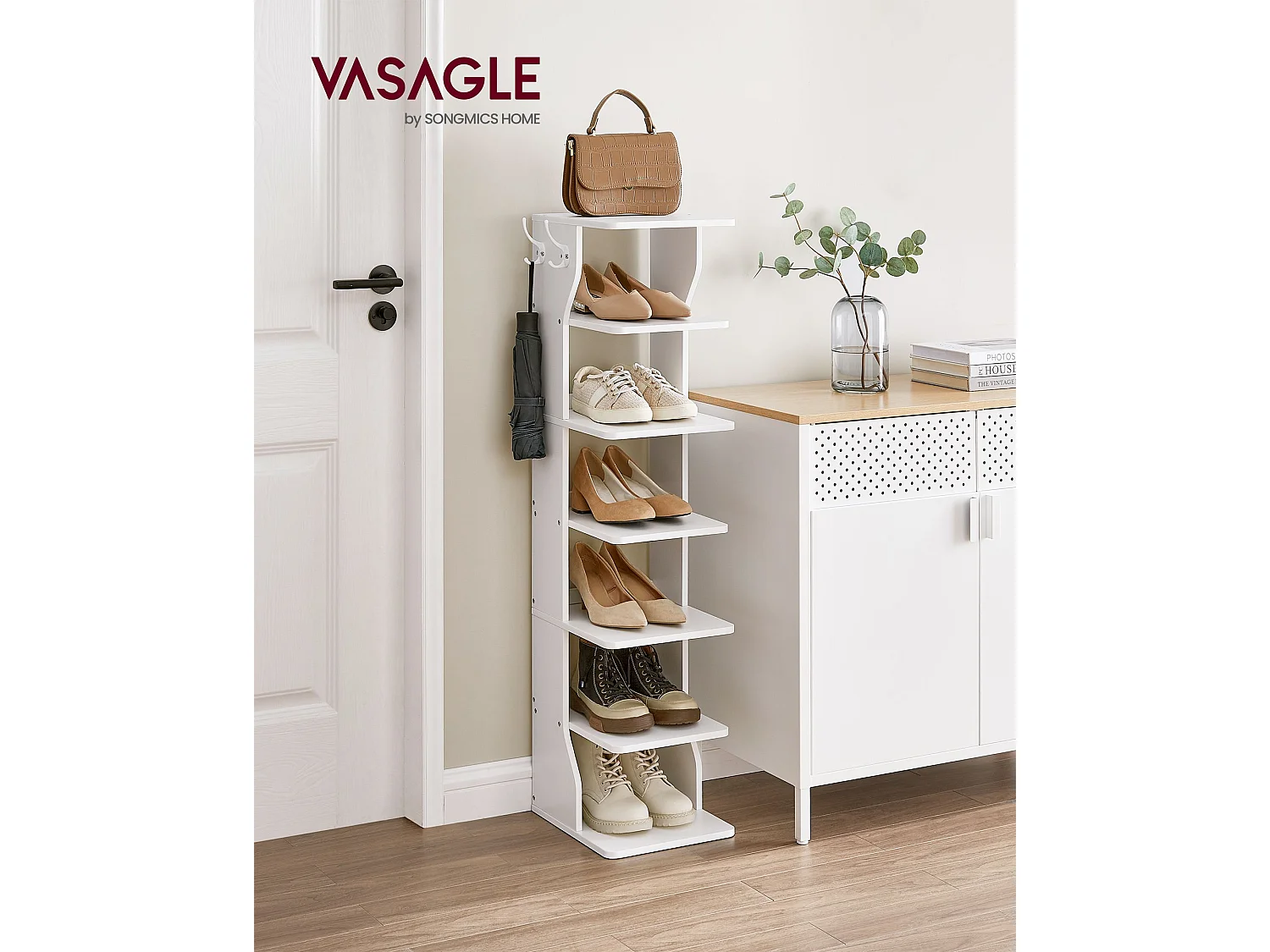 Vertikaler 7-stufiger Schuhhalter mit Riegel, robuster und langlebiger Schuhhalter aus Leder, platzsparend für Eingangs- und Schlafbereich, weiß LBS200T14V1