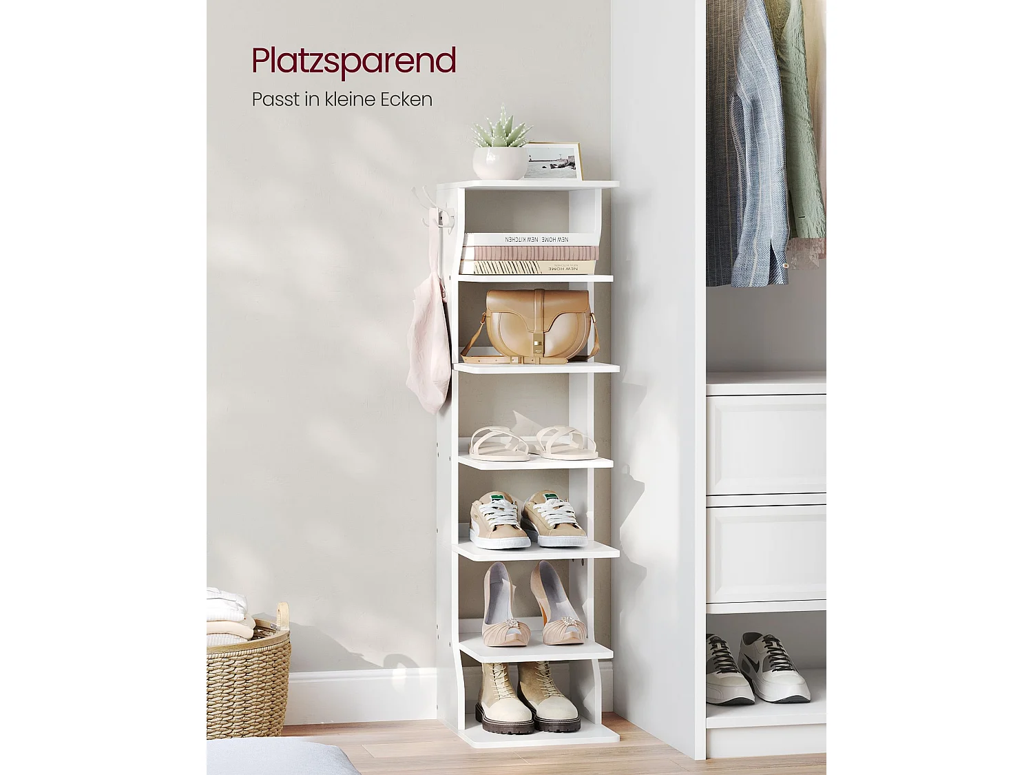 Vertikaler 7-stufiger Schuhhalter mit Riegel, robuster und langlebiger Schuhhalter aus Leder, platzsparend für Eingangs- und Schlafbereich, weiß LBS200T14V1