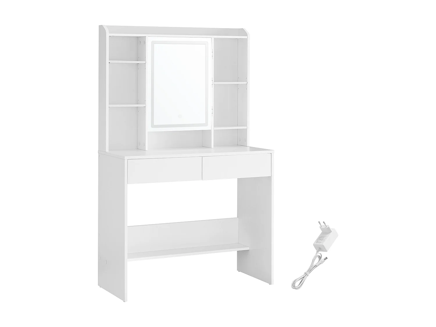 VASAGLE Sminkbord med LED-belysning, 3 färger med justerbar ljusstyrka, sminkbord med spegel för smink, kosmetikbord med justerbara hyllor, 2 lådor, modernt, vitt