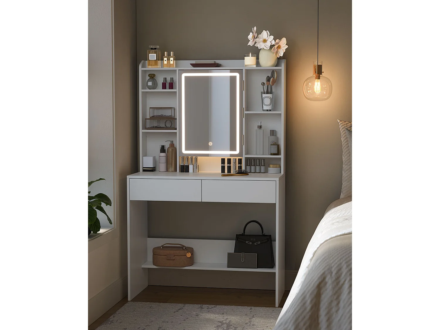 VASAGLE Sminkbord med LED-belysning, 3 färger med justerbar ljusstyrka, sminkbord med spegel för smink, kosmetikbord med justerbara hyllor, 2 lådor, modernt, vitt
