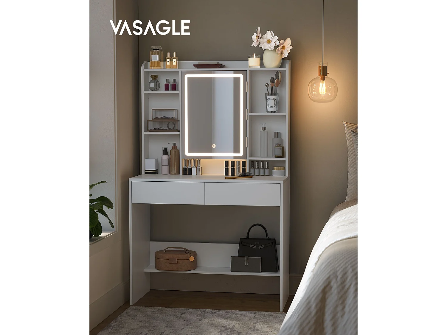 VASAGLE Sminkbord med LED-belysning, 3 färger med justerbar ljusstyrka, sminkbord med spegel för smink, kosmetikbord med justerbara hyllor, 2 lådor, modernt, vitt