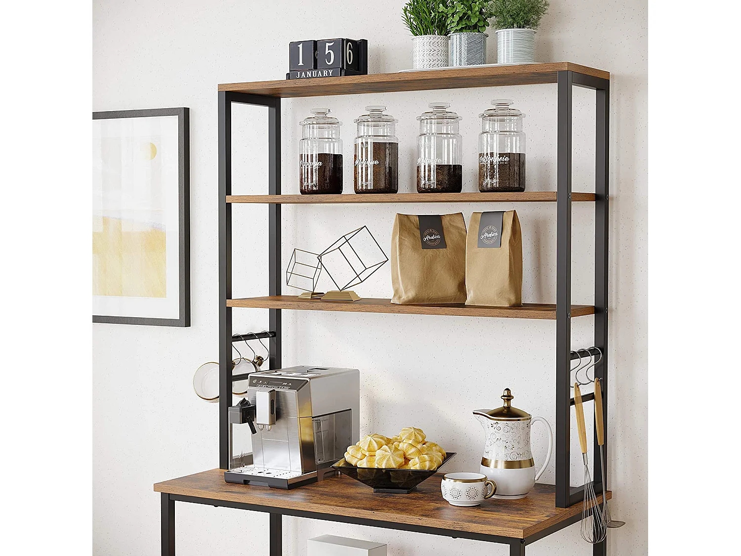 VASAGLE Køkkenhylde, stående hylde til køkken, mikrobølgehylde, stående, 6 hylder og 6 kroge, til mikroovn, stålramme, industrielt design, 40 x 80 x 167 cm,