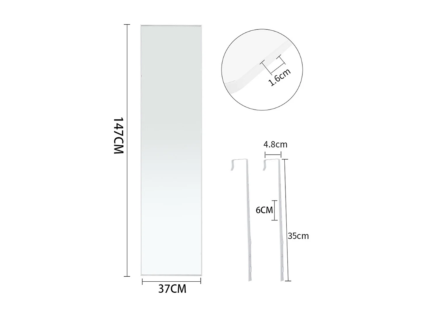 37x147cm Metal Frame Over the Door Full Length Mirror - White