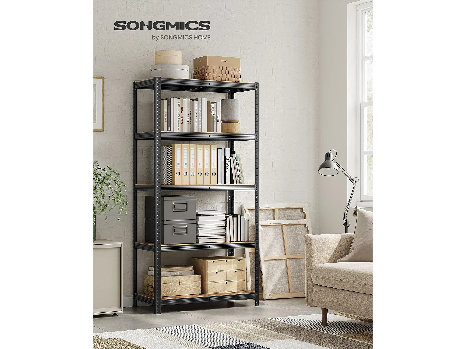SONGMICS Reol, 50 x 100 x 200 cm, 875 kg belastningskapacitet (175 kg pr. hylde), industrielle, justerbare opbevaringshylder, til stue, køkken, garage, rustik brun