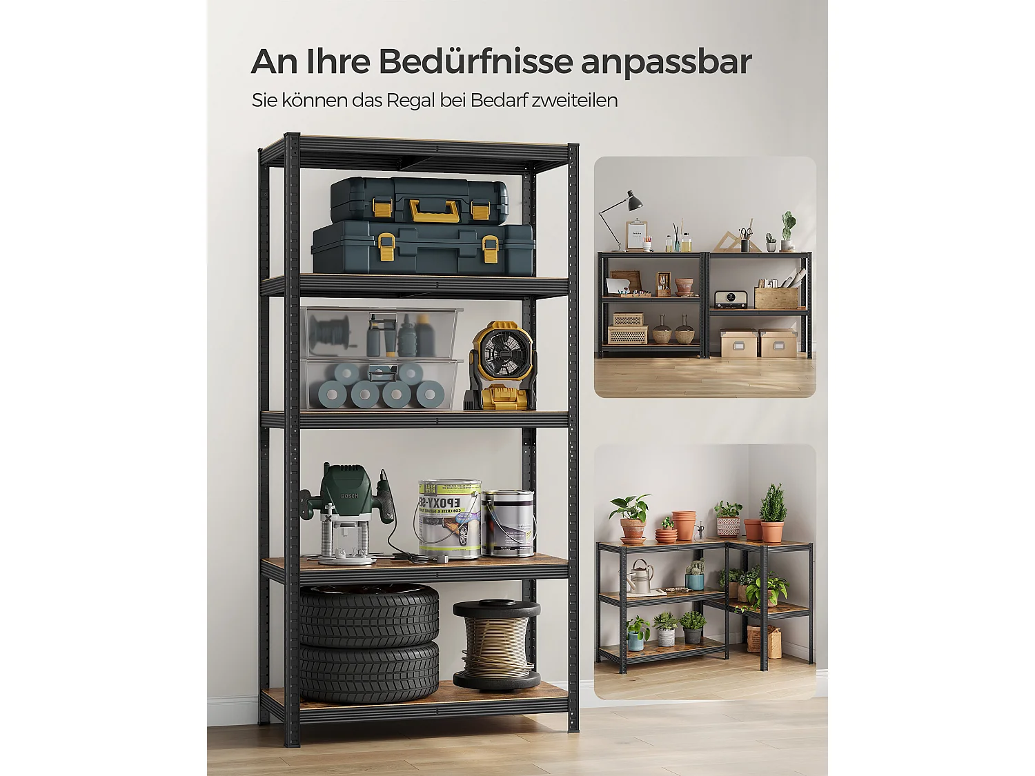 SONGMICS Reol, 50 x 100 x 200 cm, 875 kg belastningskapacitet (175 kg pr. hylde), industrielle, justerbare opbevaringshylder, til stue, køkken, garage, rustik brun