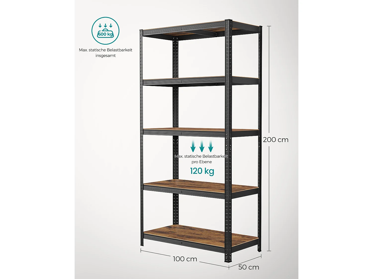 SONGMICS Reol, 50 x 100 x 200 cm, 875 kg belastningskapacitet (175 kg pr. hylde), industrielle, justerbare opbevaringshylder, til stue, køkken, garage, rustik brun