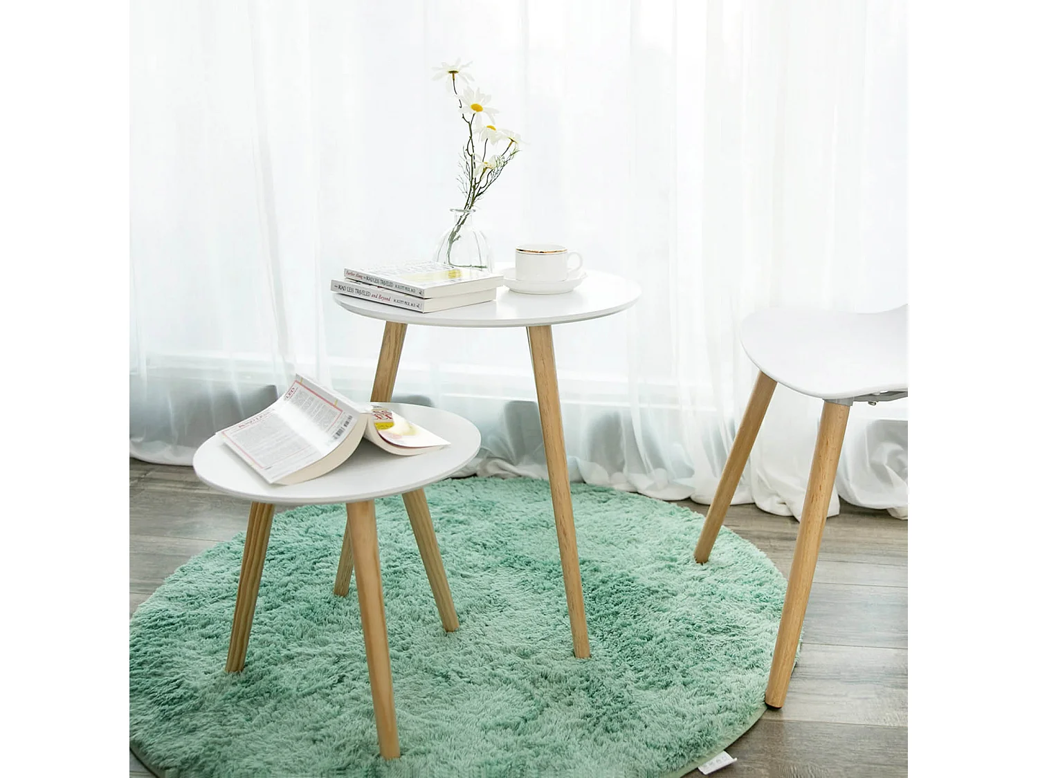 VASAGLE Nesting Side Table, Round End Table, Set of 2, Scandinavian Minimalist Coffee Table with Solid Pine Wood Legs, White and Natural LET07WN