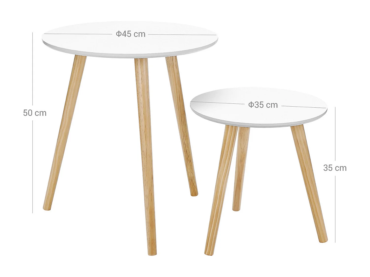 VASAGLE Nesting Side Table, Round End Table, Set of 2, Scandinavian Minimalist Coffee Table with Solid Pine Wood Legs, White and Natural LET07WN