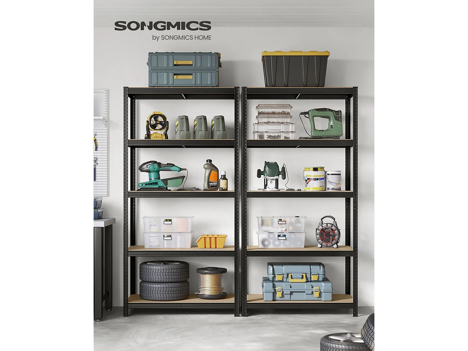 SONGMICS 5-trins reol, stålreol til opbevaring, værktøjsfri montering, til garage, skur, belastningskapacitet 600 kg, 50 x 100 x 200 cm, sort GLR050B01