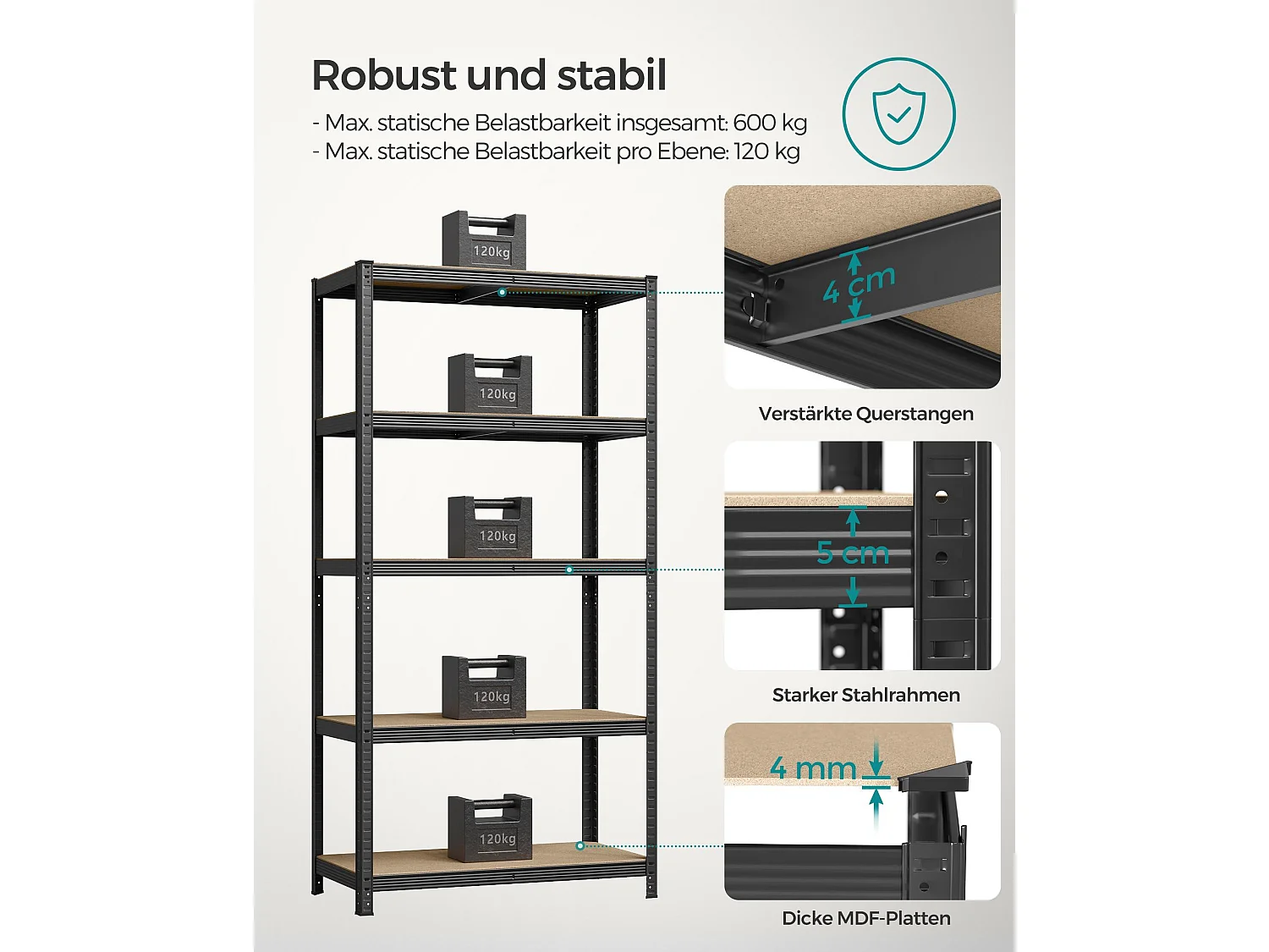 SONGMICS 5-trins reol, stålreol til opbevaring, værktøjsfri montering, til garage, skur, belastningskapacitet 600 kg, 50 x 100 x 200 cm, sort GLR050B01