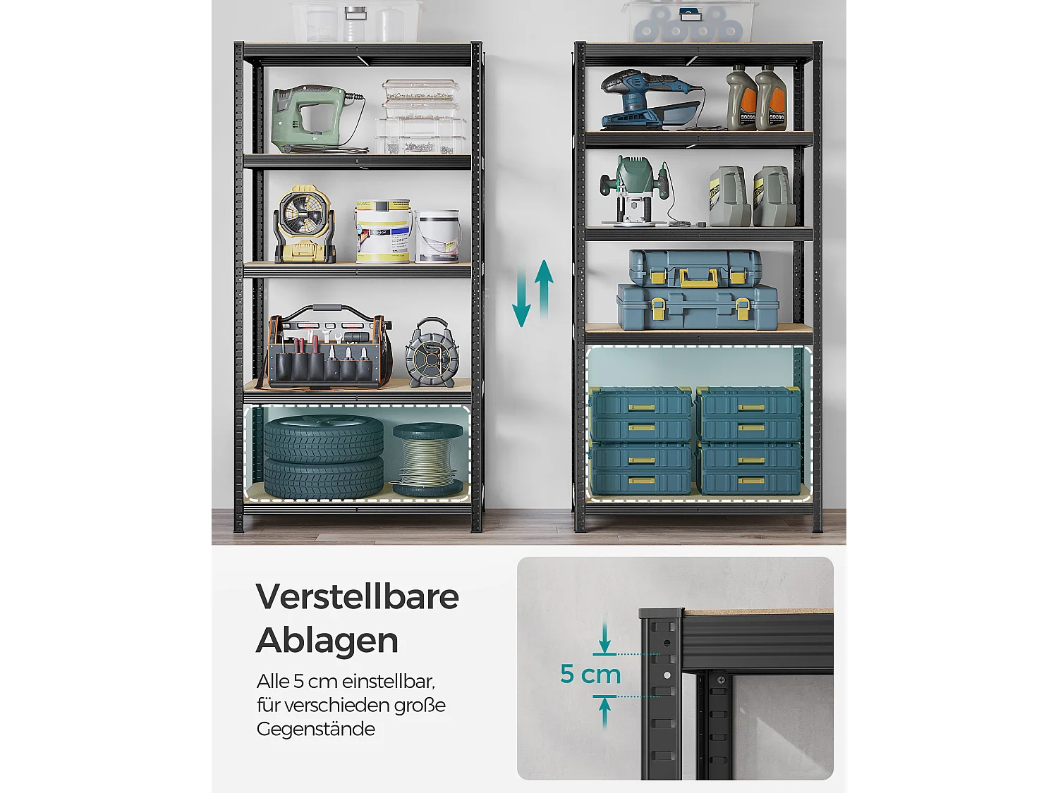 SONGMICS 5-trins reol, stålreol til opbevaring, værktøjsfri montering, til garage, skur, belastningskapacitet 600 kg, 50 x 100 x 200 cm, sort GLR050B01