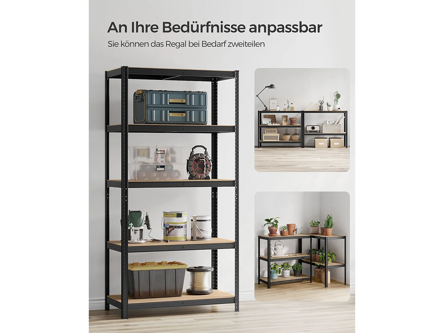 SONGMICS 5-trins reol, stålreol til opbevaring, værktøjsfri montering, til garage, skur, belastningskapacitet 600 kg, 50 x 100 x 200 cm, sort GLR050B01