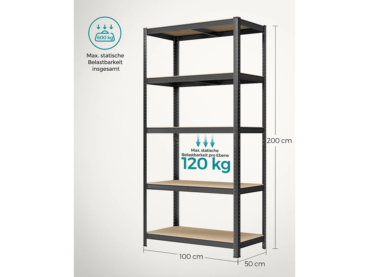 SONGMICS 5-trins reol, stålreol til opbevaring, værktøjsfri montering, til garage, skur, belastningskapacitet 600 kg, 50 x 100 x 200 cm, sort GLR050B01