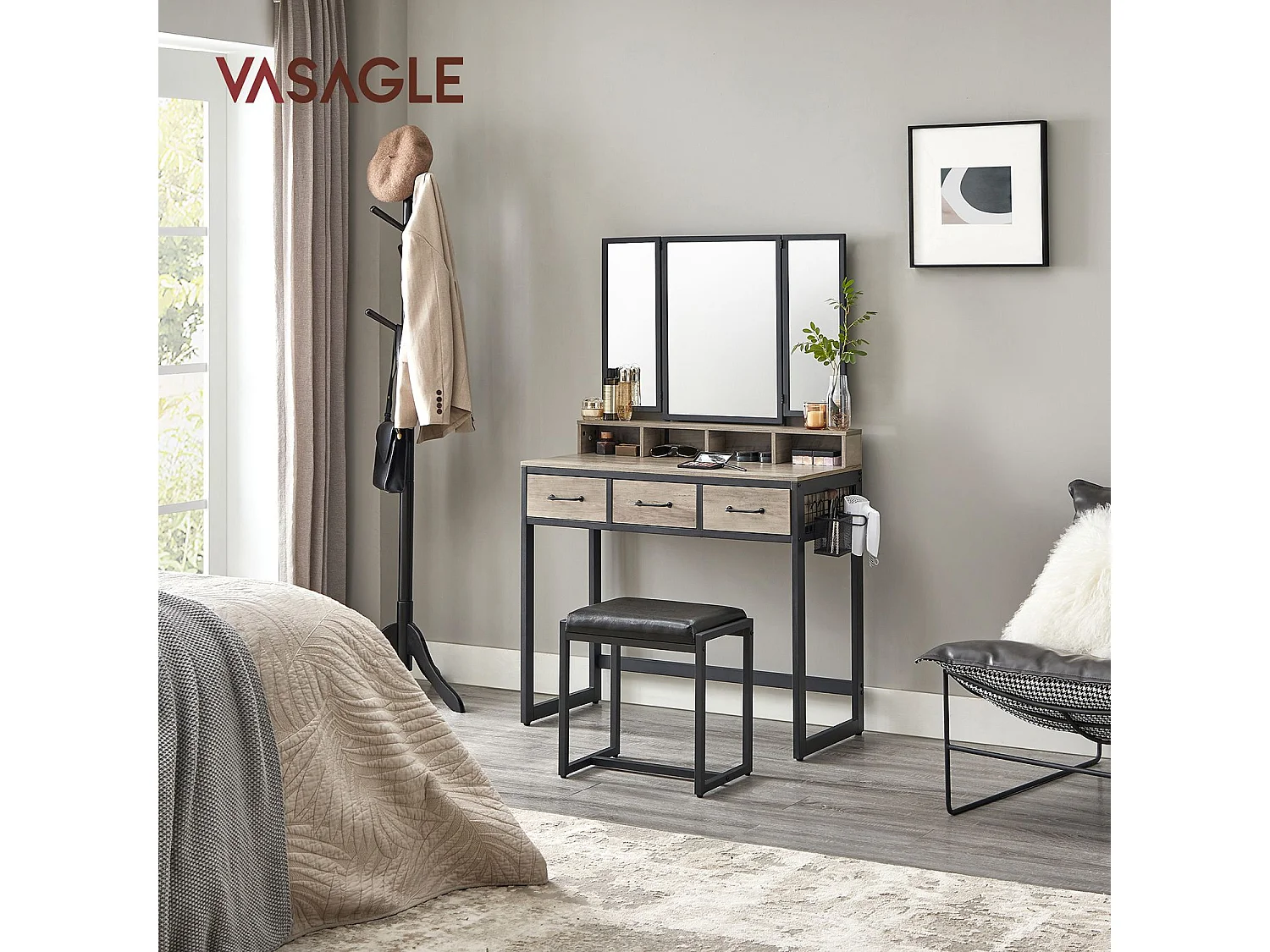 VASAGLE RVT004B02 Sminkbord med vadderad pall, trippelspegel, 3 lådor, hårfönhållare, kruka, industriell stil, grå och svart