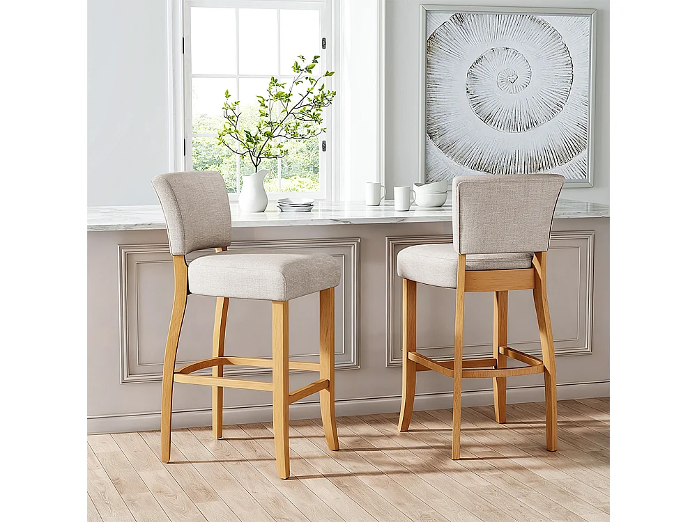 Set of 2 Linen Armless Bar Stool with Wooden Legs - Beige