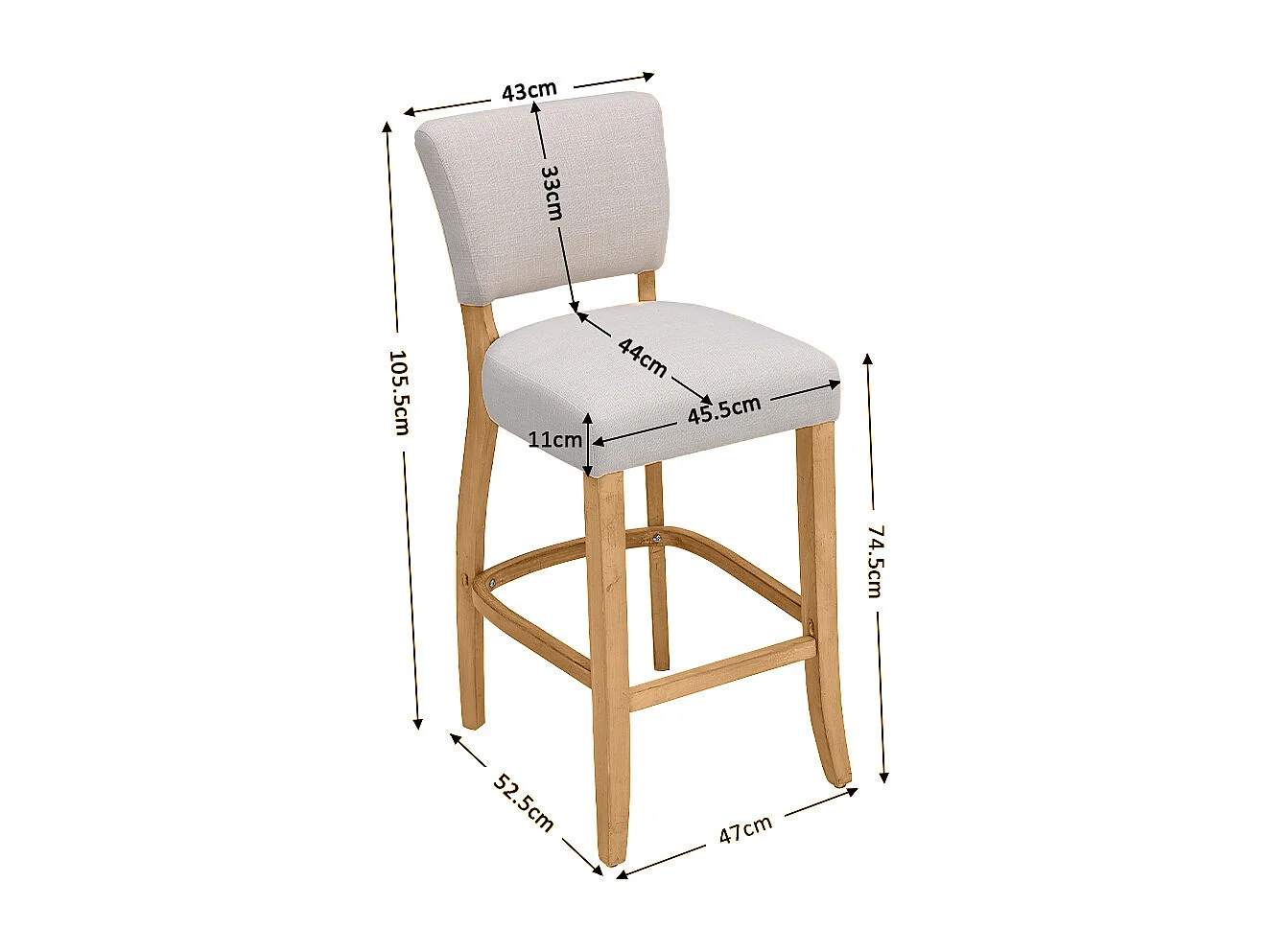 Set of 2 Linen Armless Bar Stool with Wooden Legs - Beige