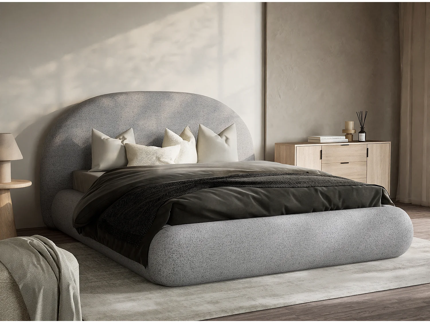 Łóżko ze skrzynią 140 x 200 cm - tkanina pleciona - jasnoszary - MAUMERE