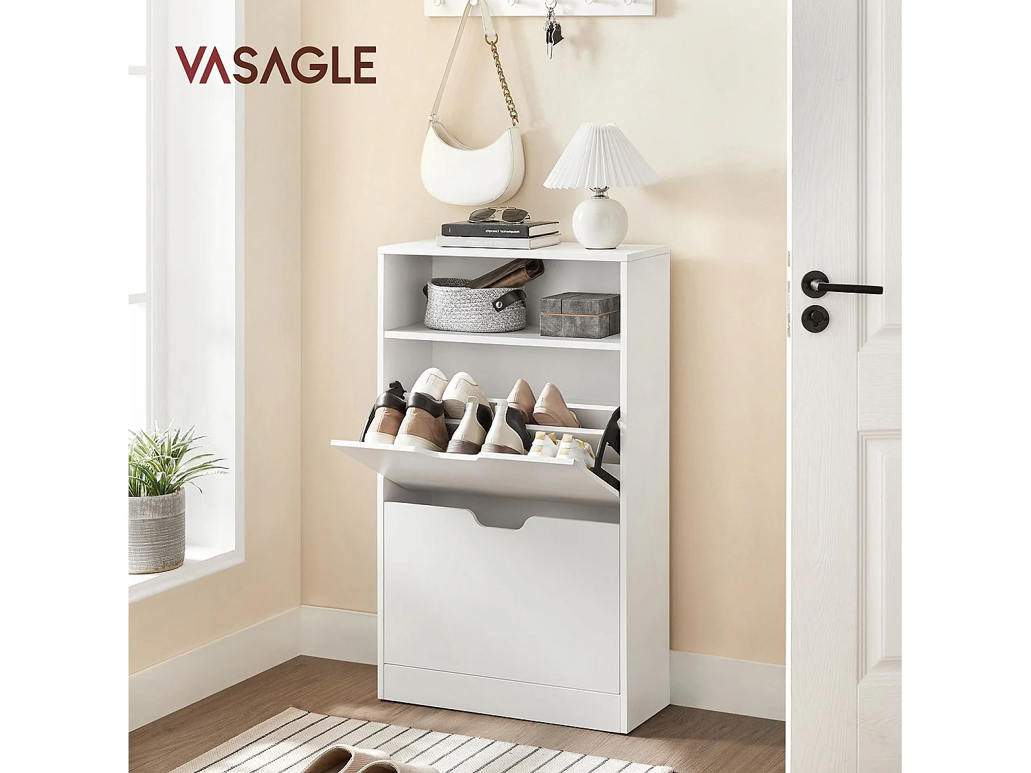 VASAGLE LBC040W01V1 Skoskab med 2 rum til entré, stue, soveværelse, 60 x 24 x 102 cm, hvid