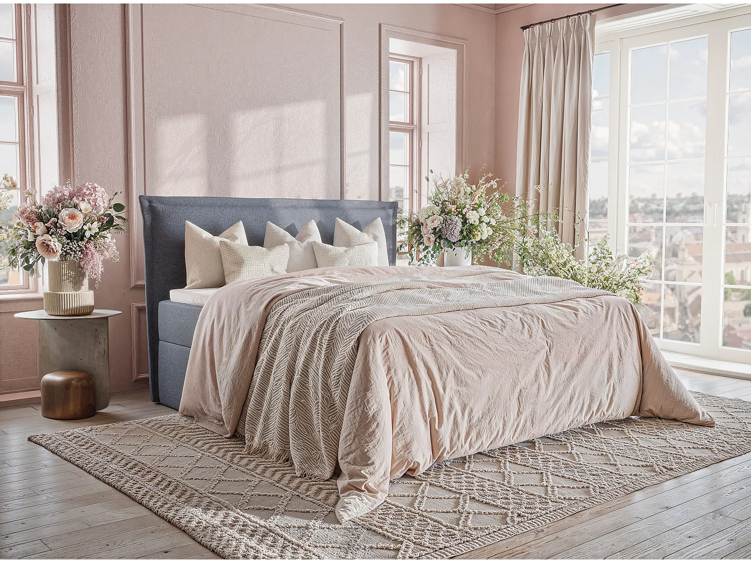 Łóżko z pojemnikiem 180 x 200 cm - z wezgłowiem - pleciona tkanina - kremowy - SAFFRON