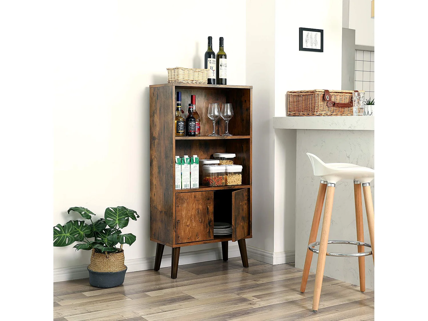 VASAGLE Retro Bookcase, 2-Tier Bookshelf with Doors, Storage Cabinet for Books, Photos, Decorations, in Living Room, Office, Library, Mid-Century Modern Style,