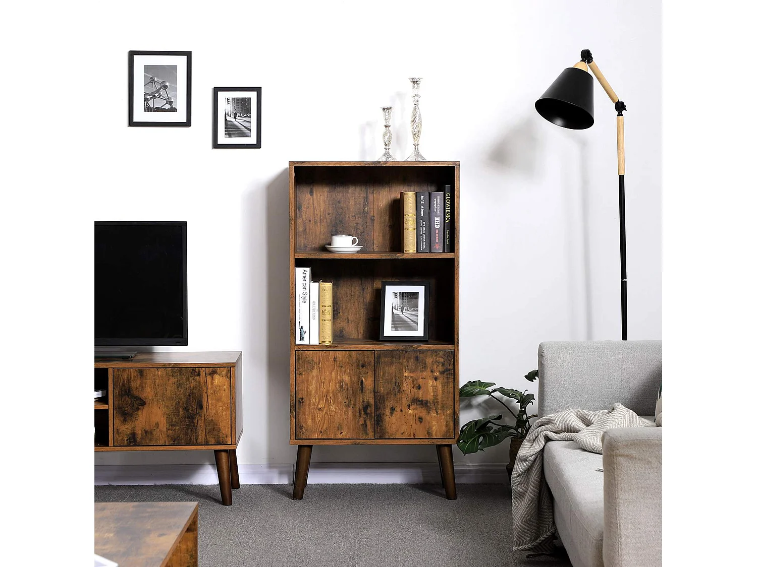 VASAGLE Retro Bookcase, 2-Tier Bookshelf with Doors, Storage Cabinet for Books, Photos, Decorations, in Living Room, Office, Library, Mid-Century Modern Style,