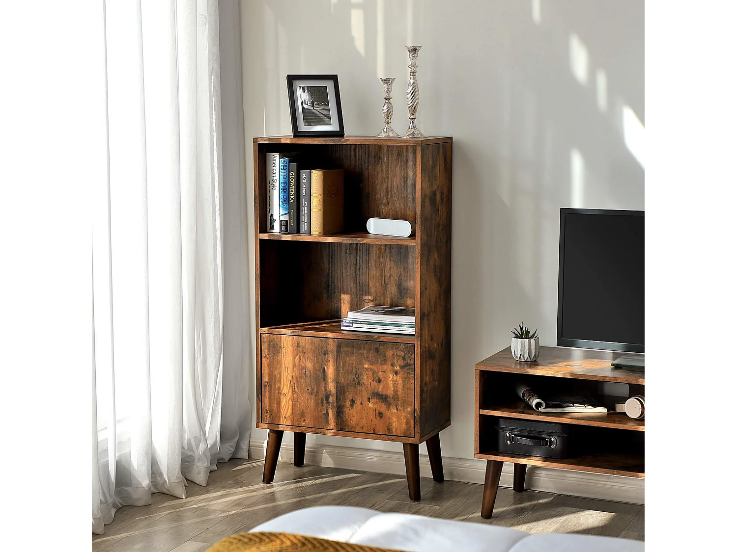 VASAGLE Retro Bookcase, 2-Tier Bookshelf with Doors, Storage Cabinet for Books, Photos, Decorations, in Living Room, Office, Library, Mid-Century Modern Style,