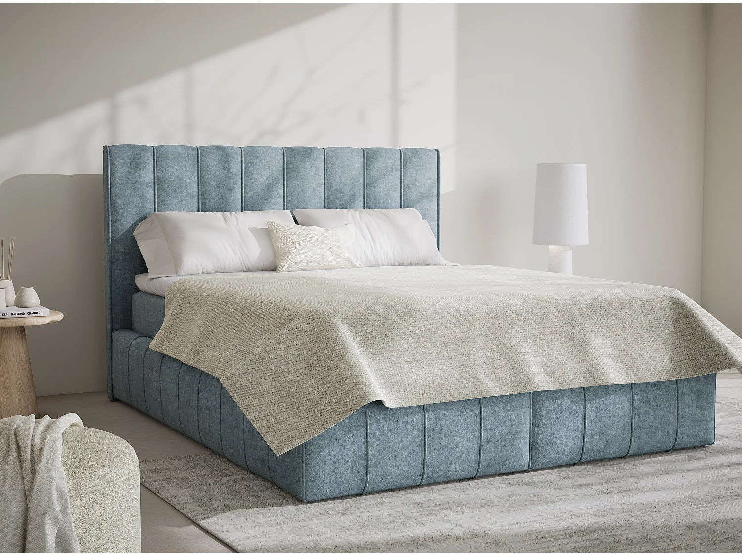 Lit boxspring avec rangement MORETTI - matelas - surmatelas - 200x200 cm - bleu clair