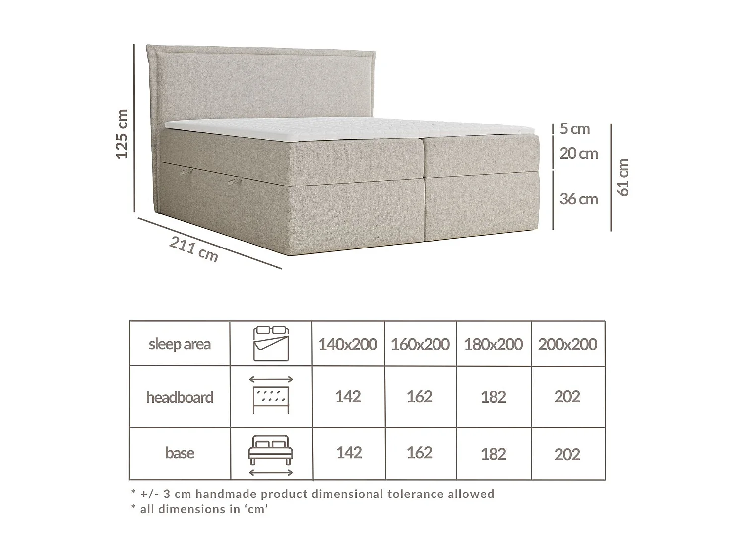 Boxspringbett mit Bettkasten - 200 x 200 cm - mit Kopfteil - Webstoff - creme - SAFFRON