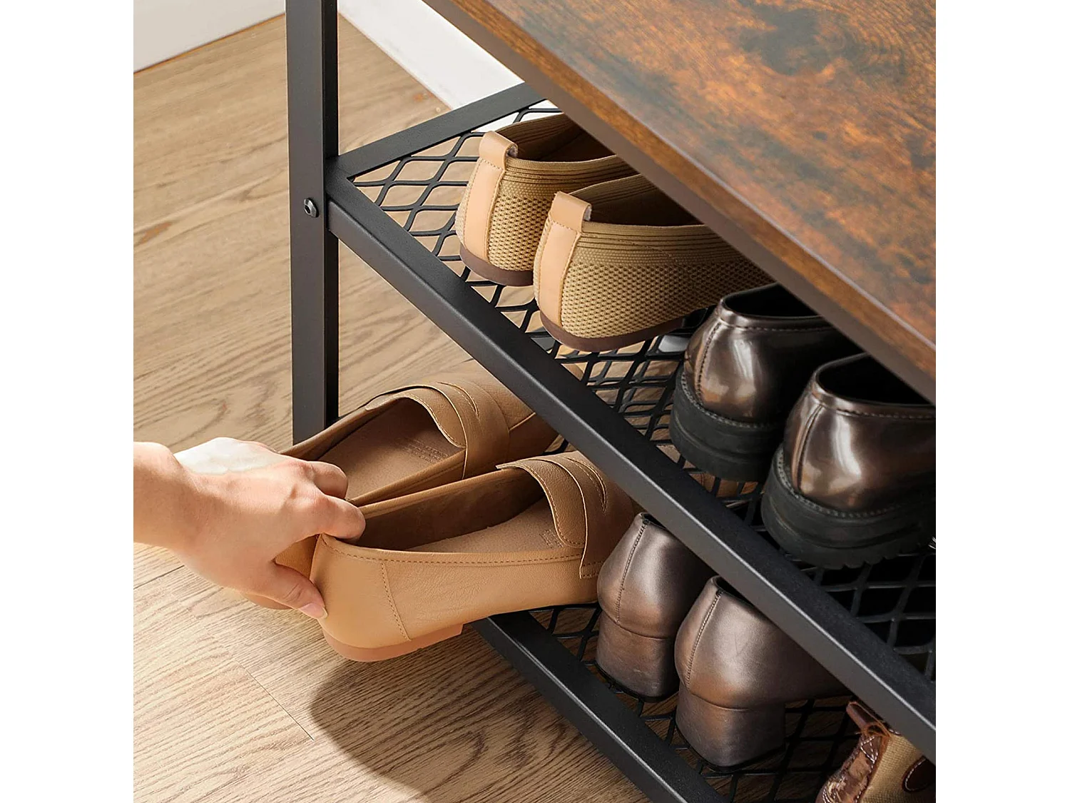 VASAGLE Schuhbank, Spanplatte Stahl, Rustikales Braun + Schwarz, 100 cm