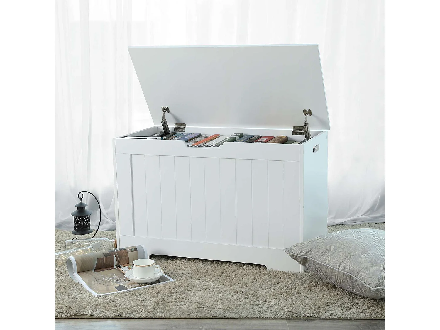 LHS11WT Coffre de rangement à grande capacité pour banc de jouets Blanc, bois d'ingénierie, 76 x 48 x 40 cm (L x H x P)