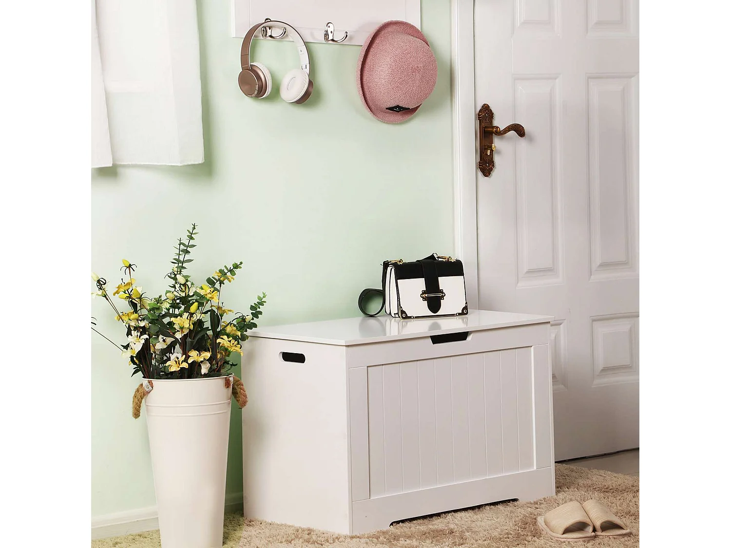 LHS11WT Coffre de rangement à grande capacité pour banc de jouets Blanc, bois d'ingénierie, 76 x 48 x 40 cm (L x H x P)