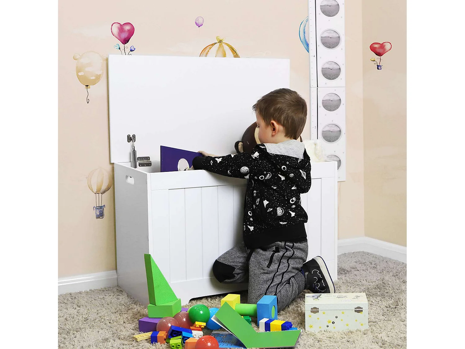 LHS11WT Coffre de rangement à grande capacité pour banc de jouets Blanc, bois d'ingénierie, 76 x 48 x 40 cm (L x H x P)